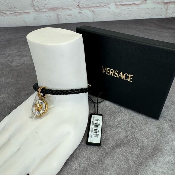 Versace Charm Medusa Woven Leather Bracelet Black NWT - Picture 1 of 11